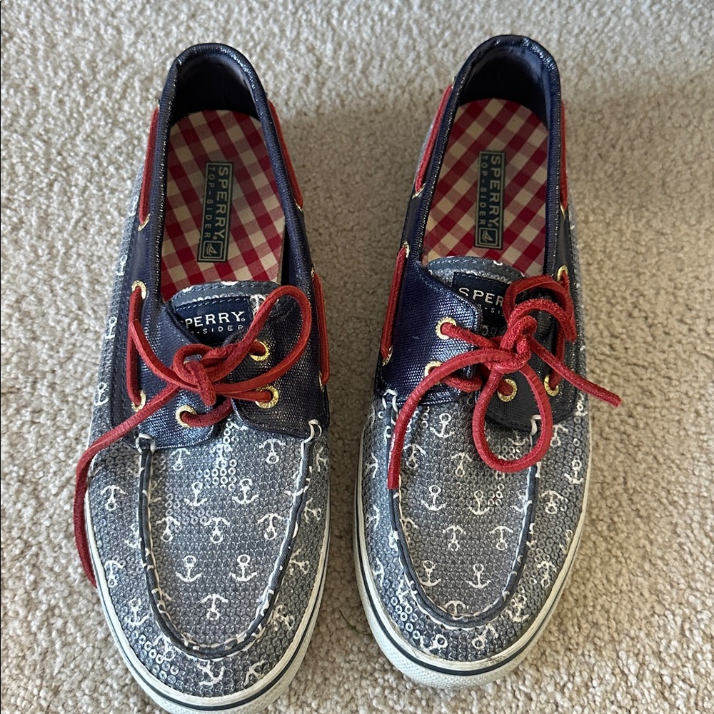Sperry Top Sider Boat Shoes Nautical Anchors Red Blue Yacht Life Sequins 8.5